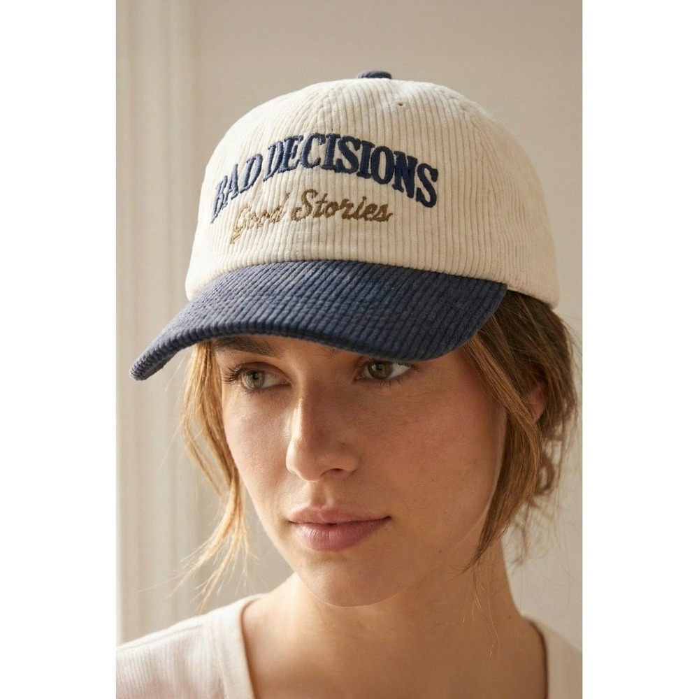 NEW Bad Decisions Good Stories Corduroy Baseball Cap Two Tone Blue Cream Dad Hat